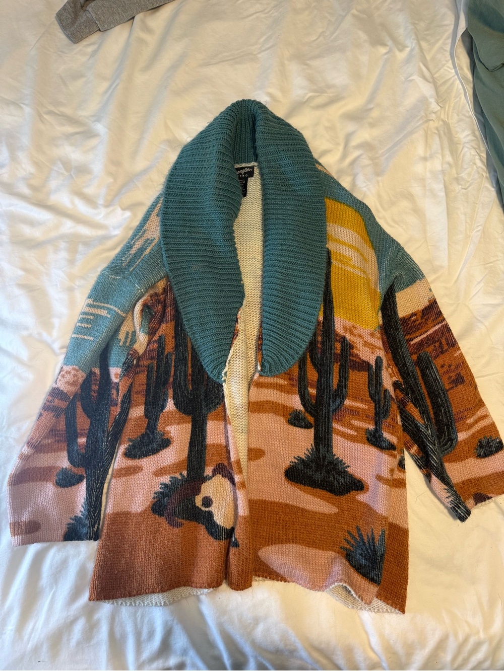 Wrangler Retro Desert Cactus Open Cardigan with Teal Shawl Collar - M